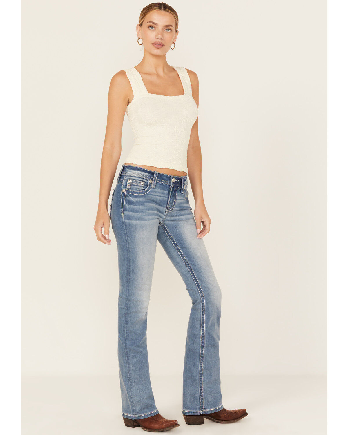 Image #3 - Miss Me Women's Light Wash Mid Rise Butterfly Pocket 32" Bootcut Stretch Denim Jeans, Light Wash, hi-res