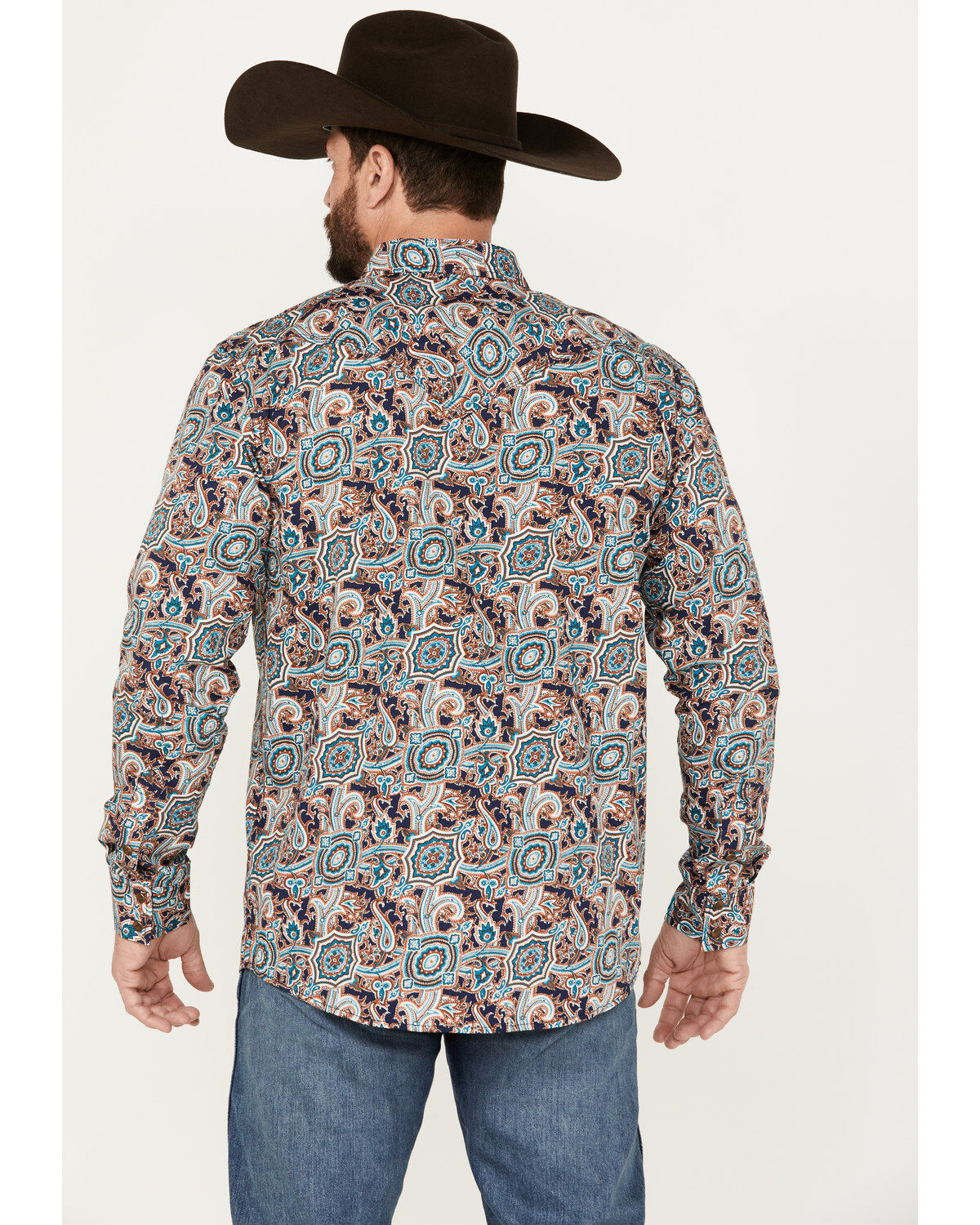 Image #4 - Moonshine Spirit Men's Gypsy Club Paisley Print Long Sleeve Western Snap Shirt, Navy, hi-res