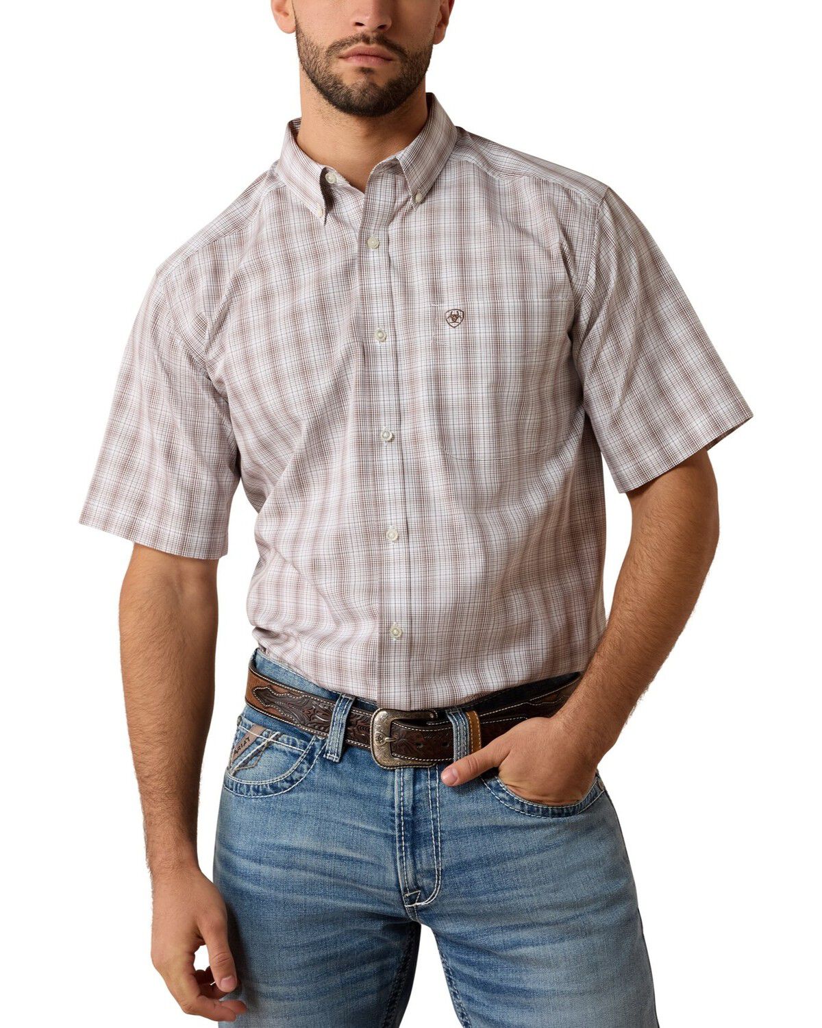 Ariat Men's Clyde Plaid Print Short Sleeve Button-Down Western Shirt, White, hi-res