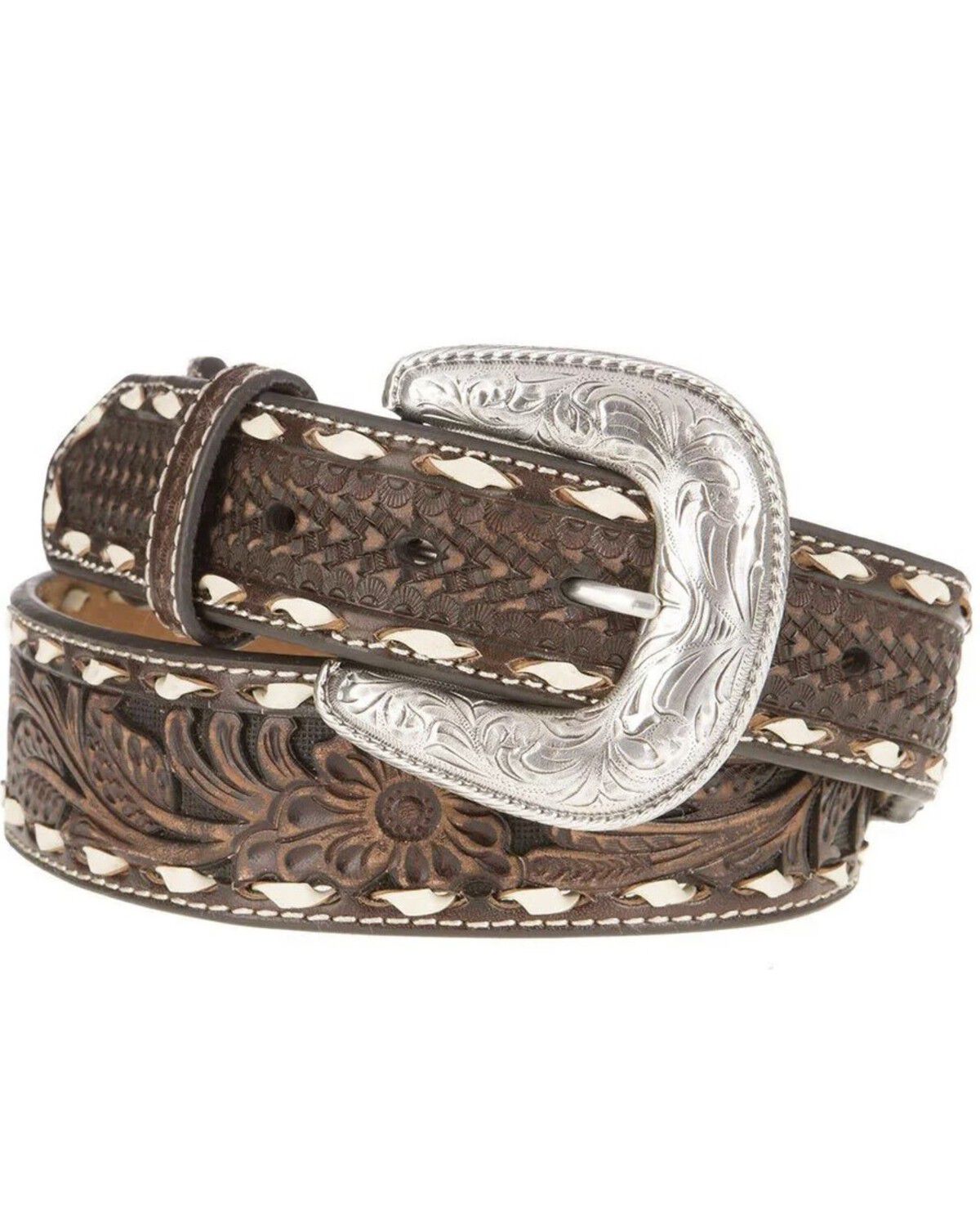 Image #1 - Ariat Men's Tooled Floral Laced Western Belt, Brown, hi-res
