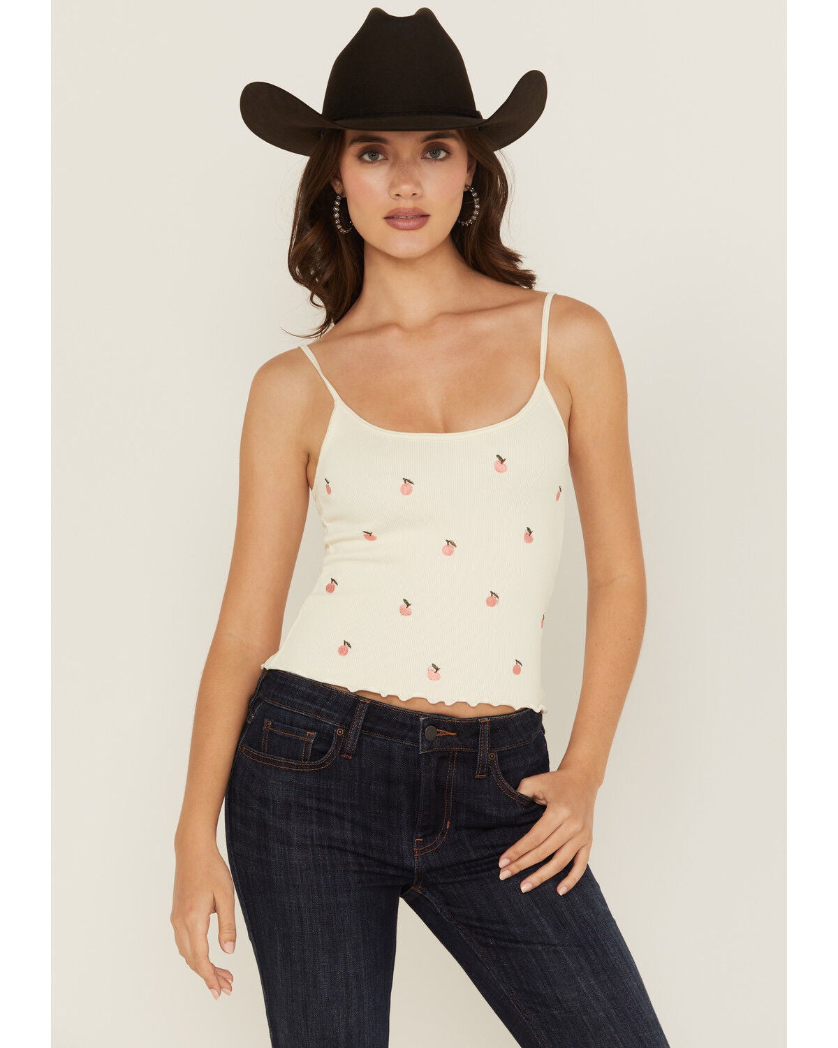 Fornia Women's Peach Embroidered Sleeveless Cropped Tank Top, White, hi-res