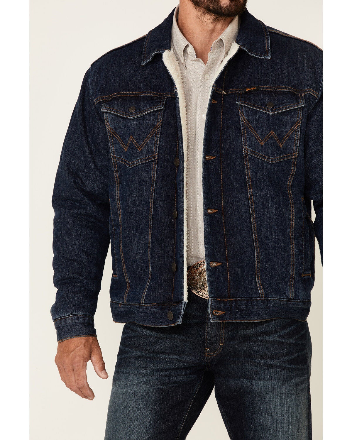 Image #3 - Wrangler Retro Men's Frontier Medium Wash Sherpa Lined Button Down Denim Jacket , , hi-res