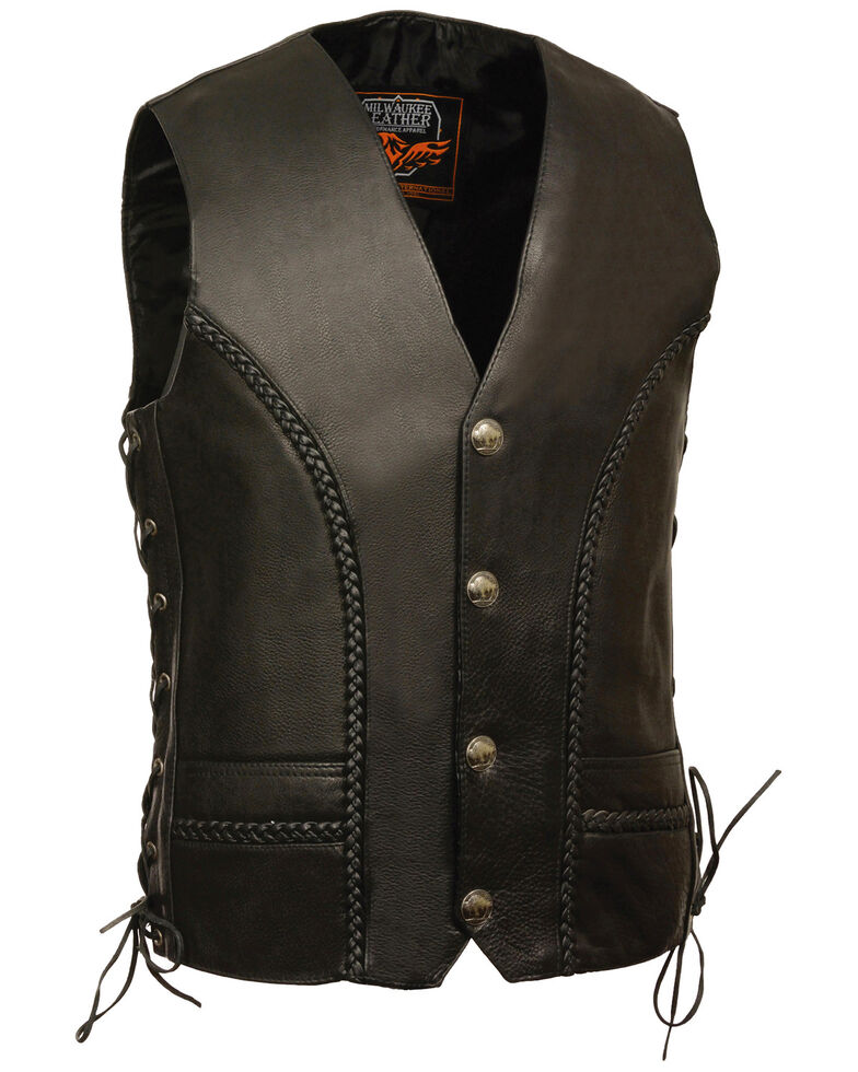 Milwaukee Leather Men's Buffalo Snap Braided Side Lace Vest, Black, hi-res