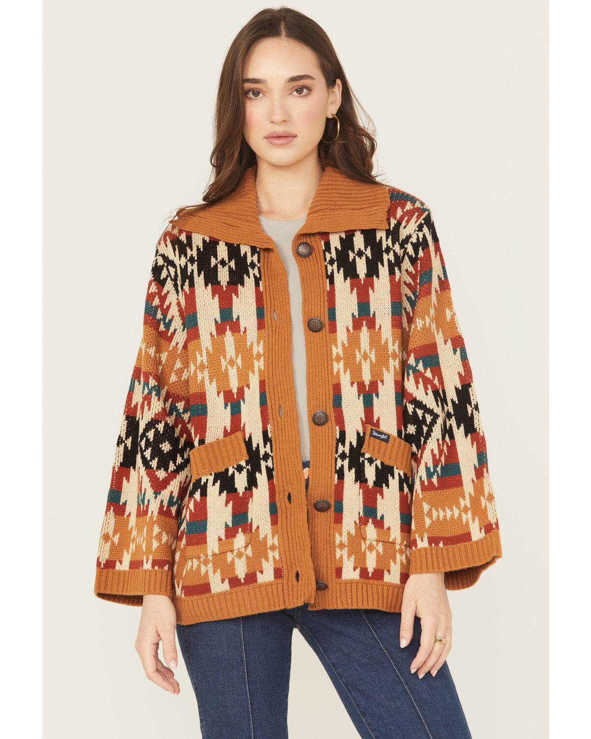 Image #1 - Wrangler Retro Women's Southwestern Button-Down Cardigan, Mustard, hi-res