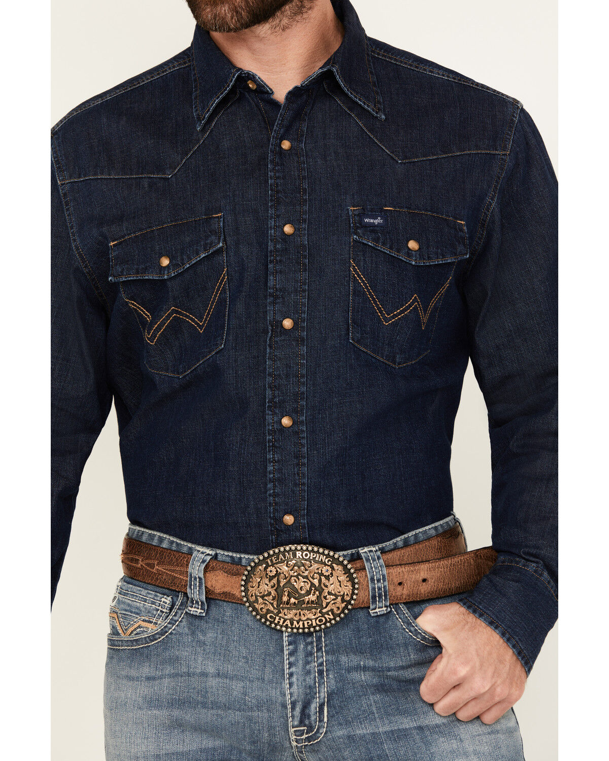 Product Name:  Wrangler Men's Medium Wash Denim Long Sleeve Snap Western Shirt