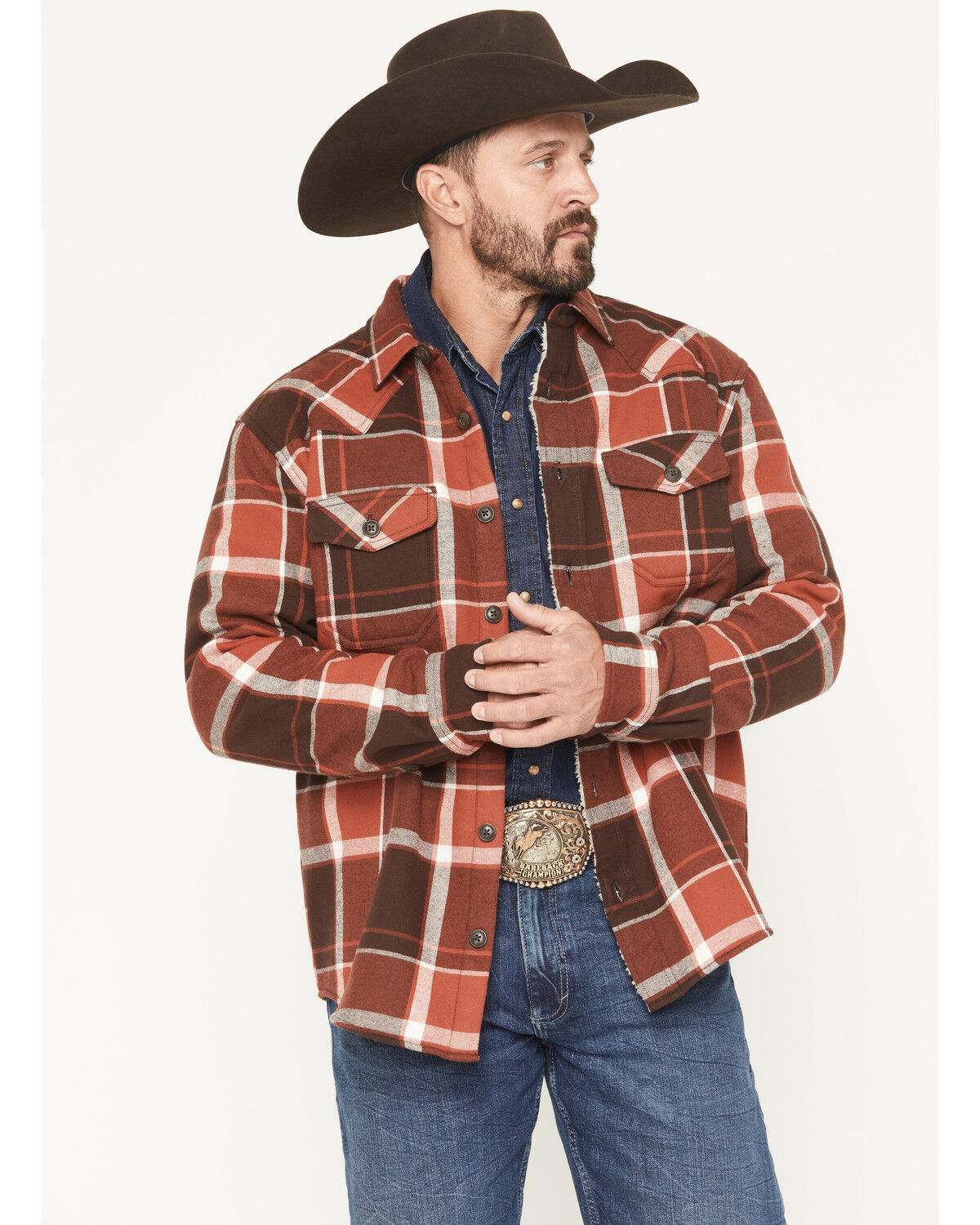 Image #1 - Cody James Men's Baxter Sherpa Lined Plaid Print Flannel Shirt Jacket, Rust Copper, hi-res