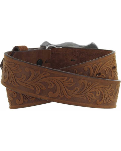 Image #2 - Tony Lama Kid's Leather Floral and Long Horn Belt, Brown, hi-res