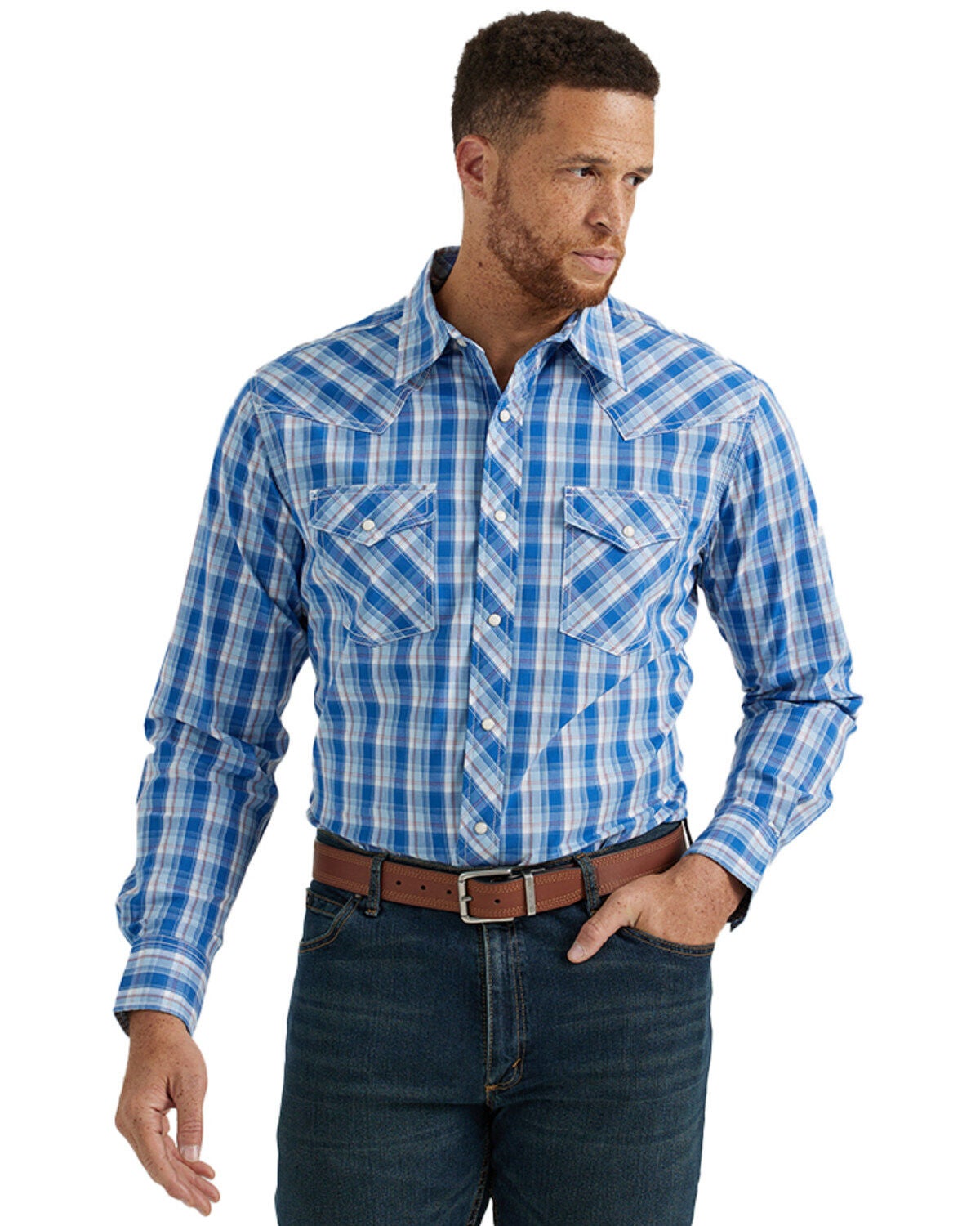 Wrangler Men's 20X Plaid Print Long Sleeve Snap Stretch Western Shirt, Blue, hi-res