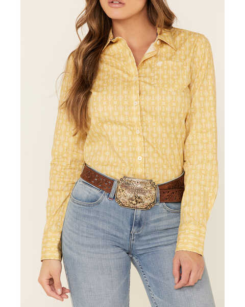 Image #3 - Ariat Women's Mustard Geo Print Kirby Stretch Long Sleeve Western Core Shirt , , hi-res