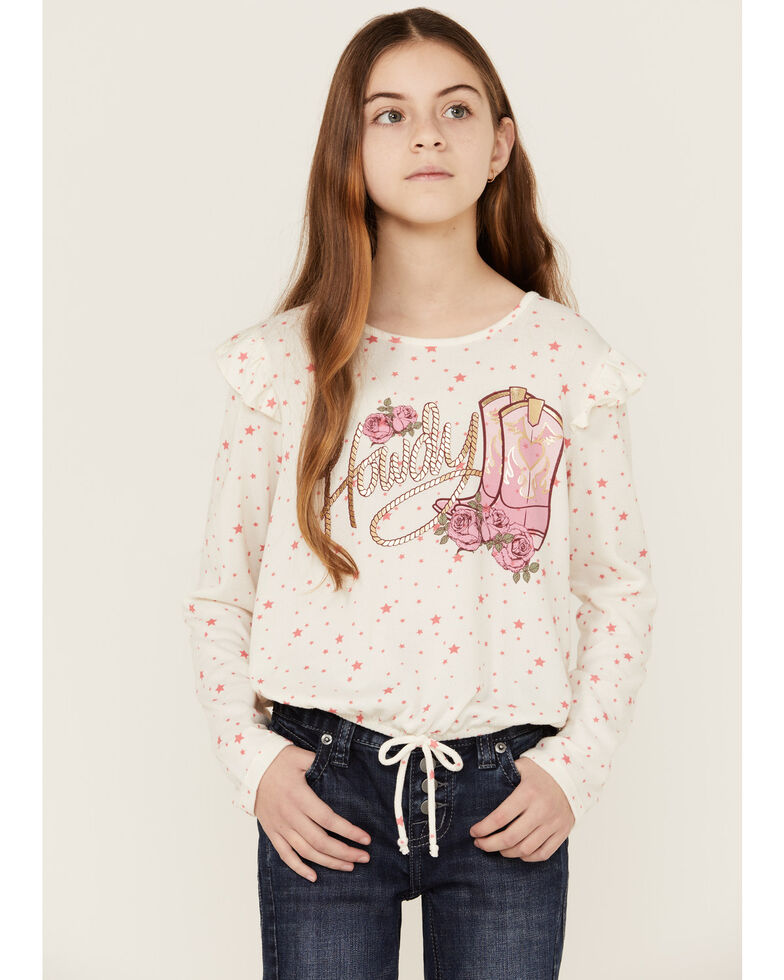 Shyanne Youth Girls' Howdy Boot Graphic Ruffle Shoulder Sweatshirt & Scrunchie Set, Oatmeal, hi-res