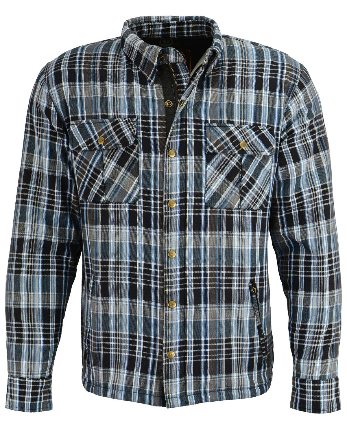 Image #1 - Milwaukee Performance Men's Black/White/Blue Aramid Flannel Biker Shirt, Black/blue, hi-res