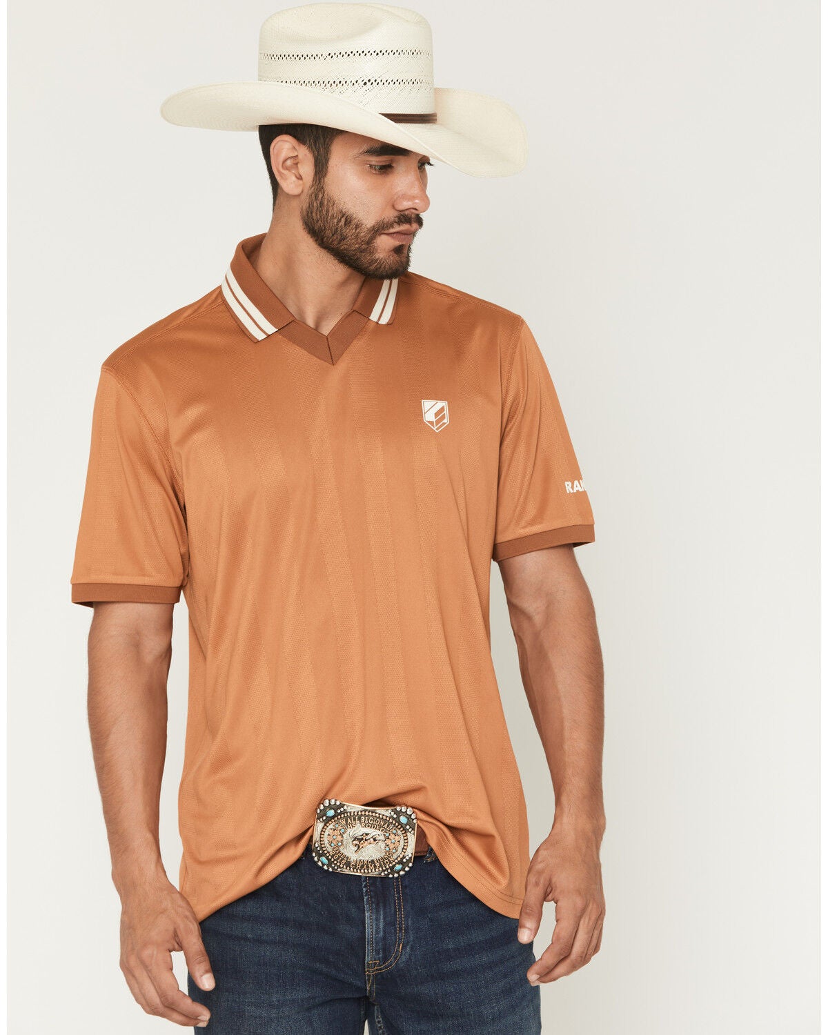 RANK 45&reg; Men's Hoss Jersey Short Sleeve V-Neck Stretch Polo Shirt, Sand, hi-res