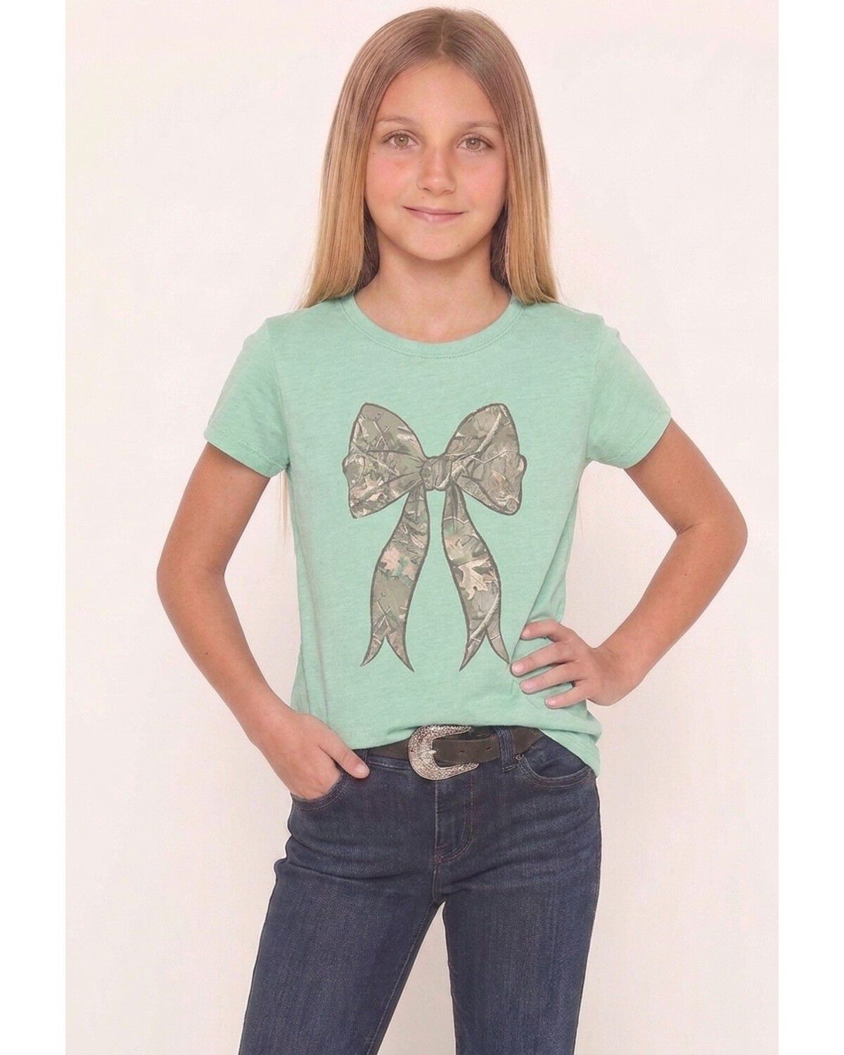 Americana Girls' Camo Bow Short Sleeve Graphic Tee, Mint, hi-res