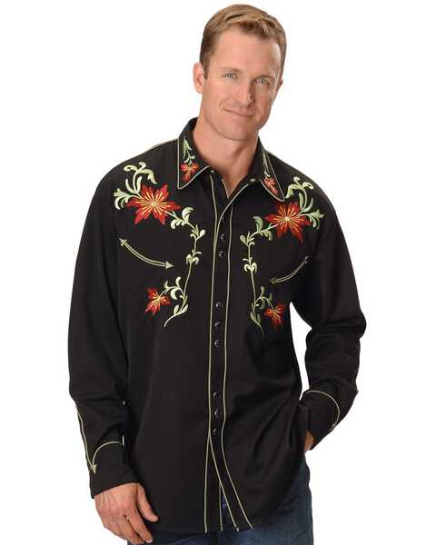 Image #1 - Scully Men's Floral Embroidered Vintage Long Sleeve Snap Western Shirt, Black, hi-res
