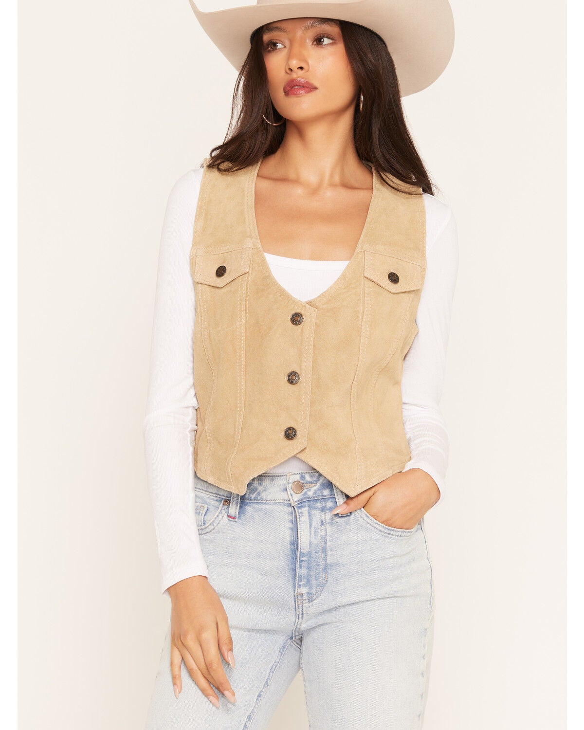 Image #1 - Scully Women's Faux Pocket Suede Vest, Natural, hi-res
