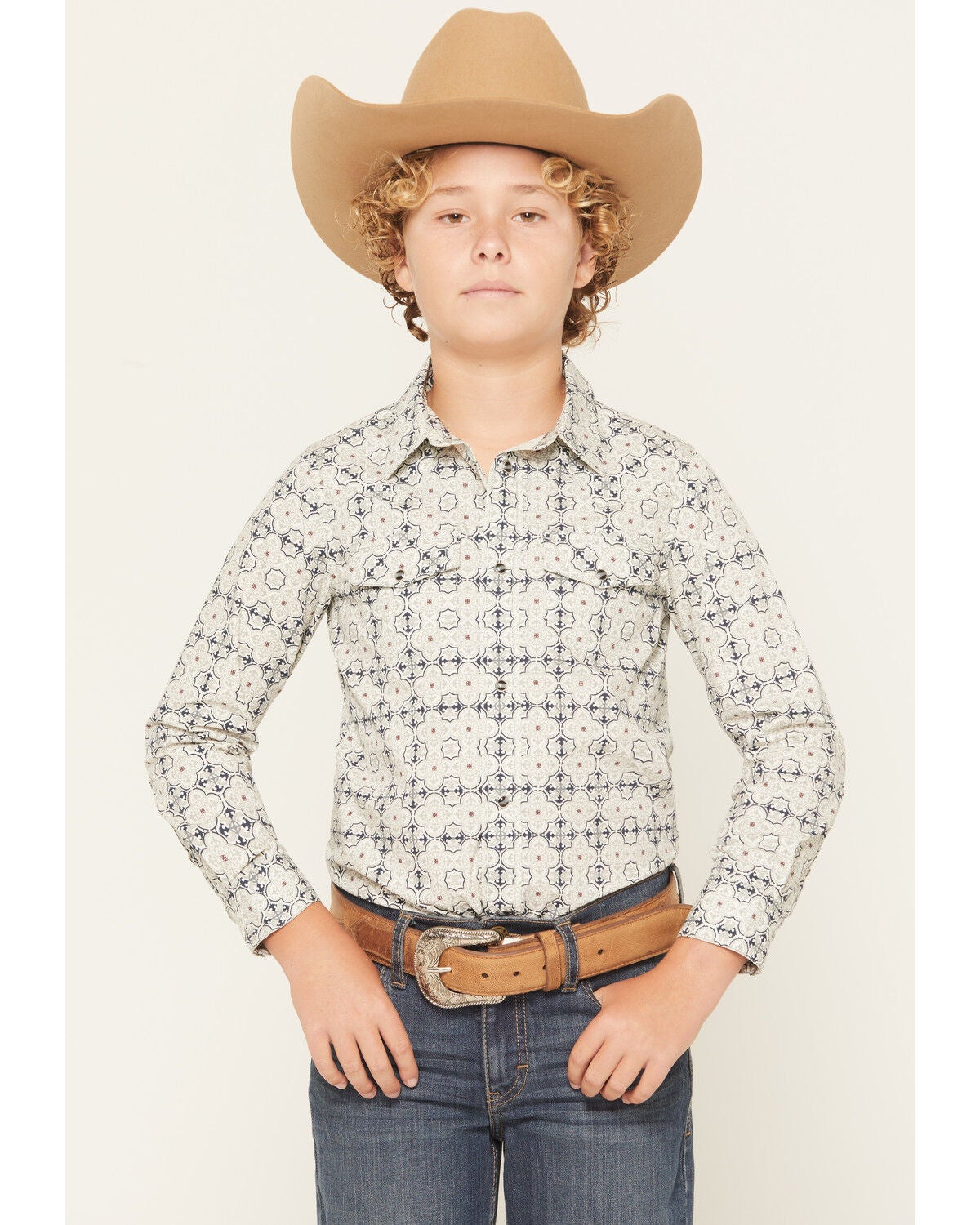 Image #1 - Gibson Trading Co Boys' Initiate Medallion Print Long Sleeve Snap Western Shirt, White, hi-res