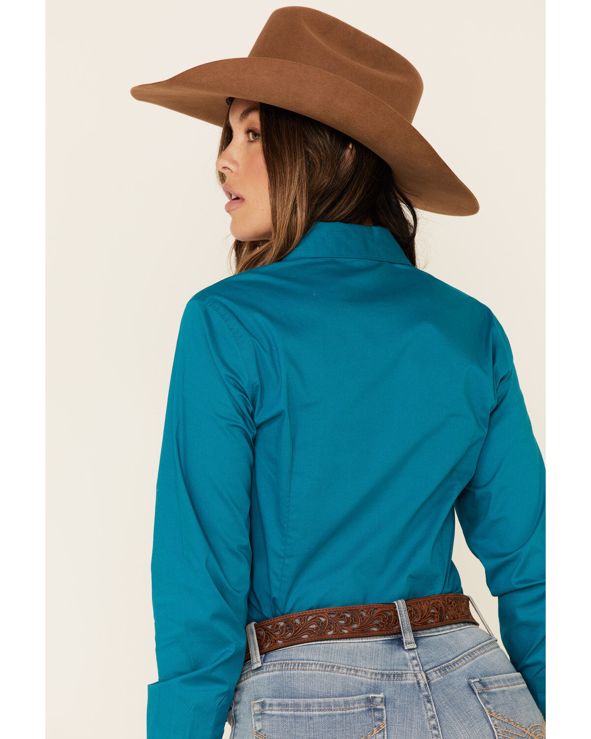 Image #5 - Cinch Women's Teal Solid Button Front Long Sleeve Western Shirt, Teal, hi-res