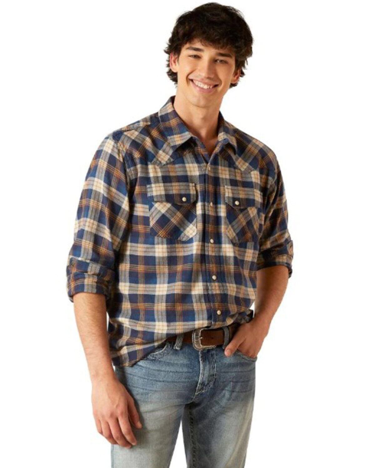 Image #1 - Ariat Men's Hutton Retro Fit Plaid Print Long Sleeve Snap Western Shirt, Navy, hi-res