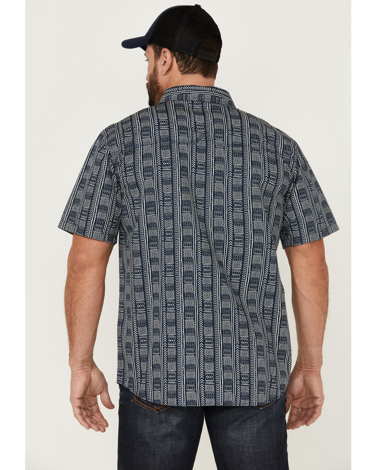 Image #4 - Moonshine Spirit Men's Tikki Pole Southwestern Stripe Short Sleeve Snap Western Shirt, Navy, hi-res