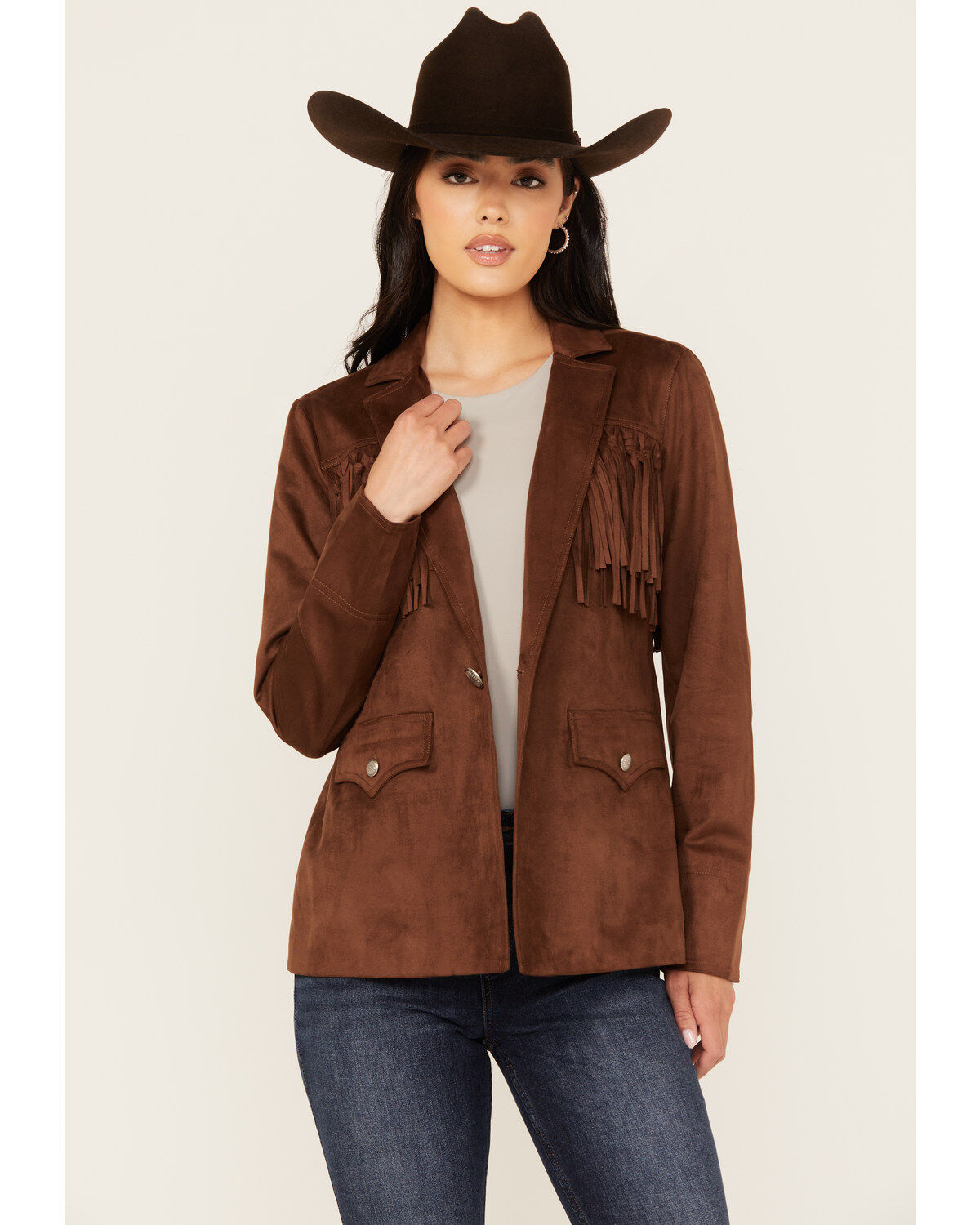 Image #1 - Shyanne Women's Faux Suede Fringe Blazer, , hi-res