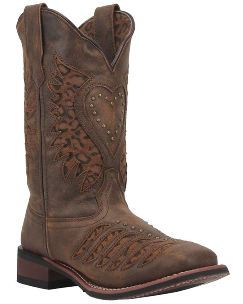Laredo Women's Stella Leopard Print Inlay Studded Western Boot - Square Toe, Brown, hi-res