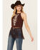 Image #1 - Shyanne Women's Embroidered Fringe Hem Crinkle Top, Dark Brown, hi-res