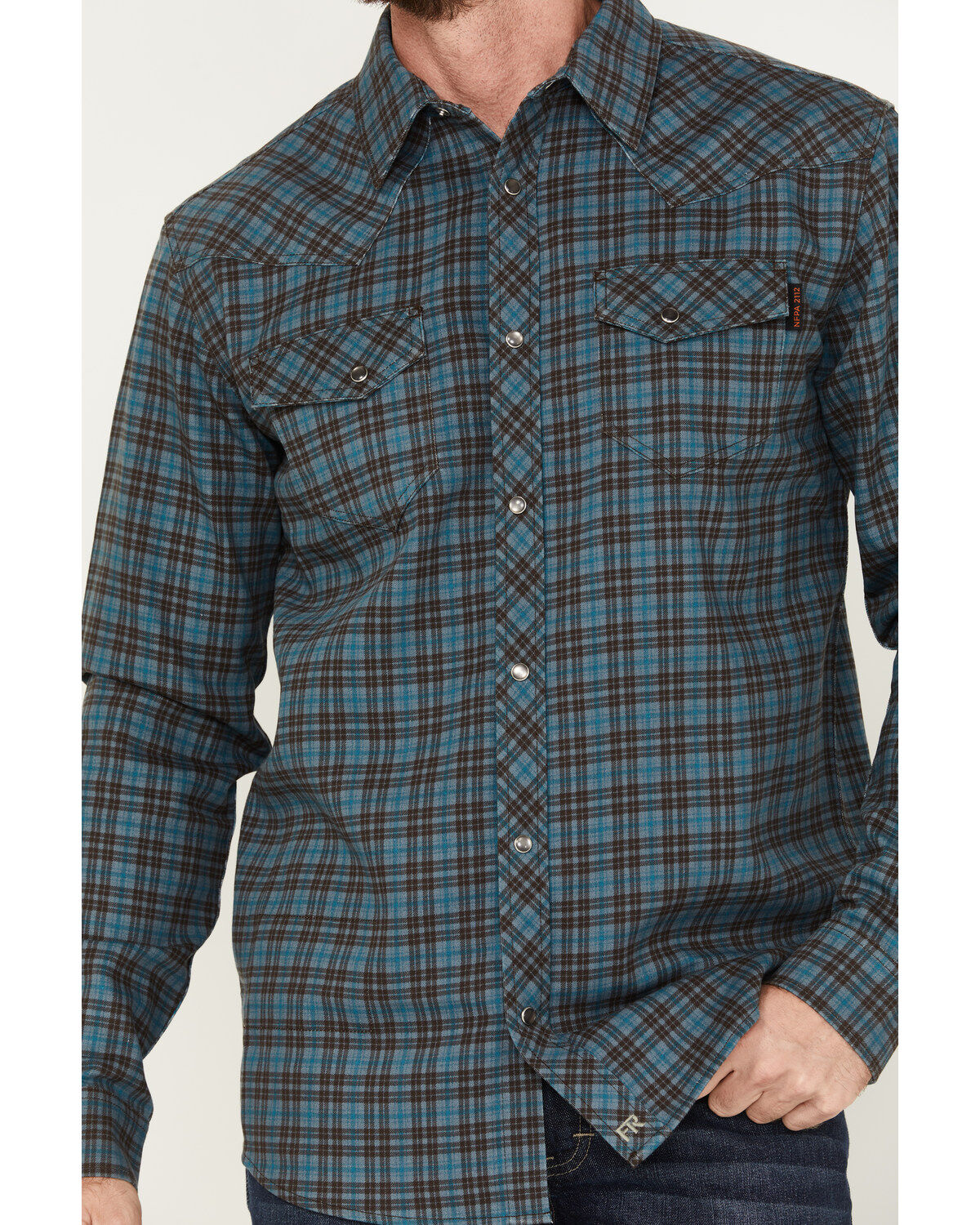 Image #3 - Cody James Men's FR Check Plaid Print Long Sleeve Pearl Snap Work Shirt, Teal, hi-res