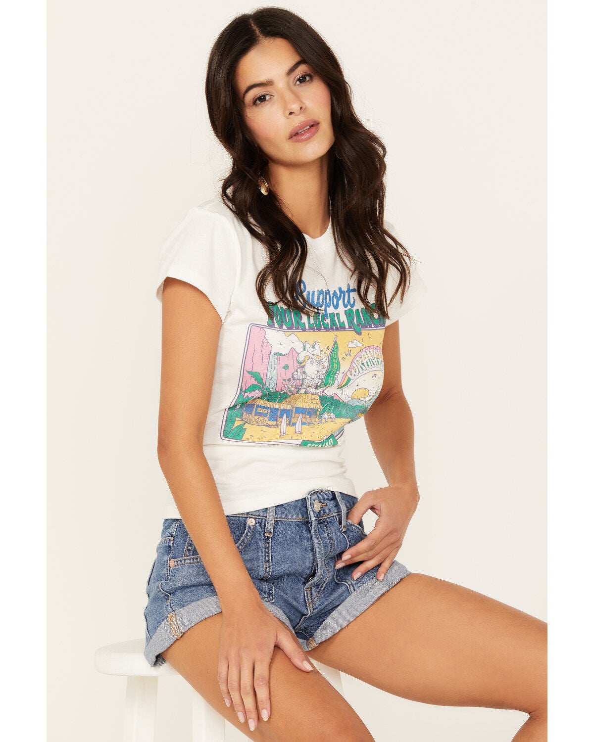 Wrangler Women's Support Your Local Ranch Rainbow Graphic Tee, Ivory, hi-res