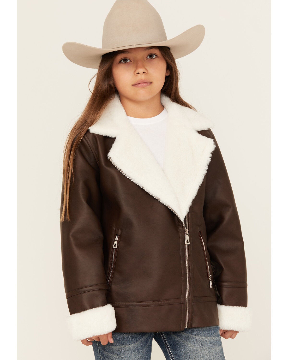 Urban Republic Little Girls' Bonded Sherpa Moto Jacket, Tan, hi-res