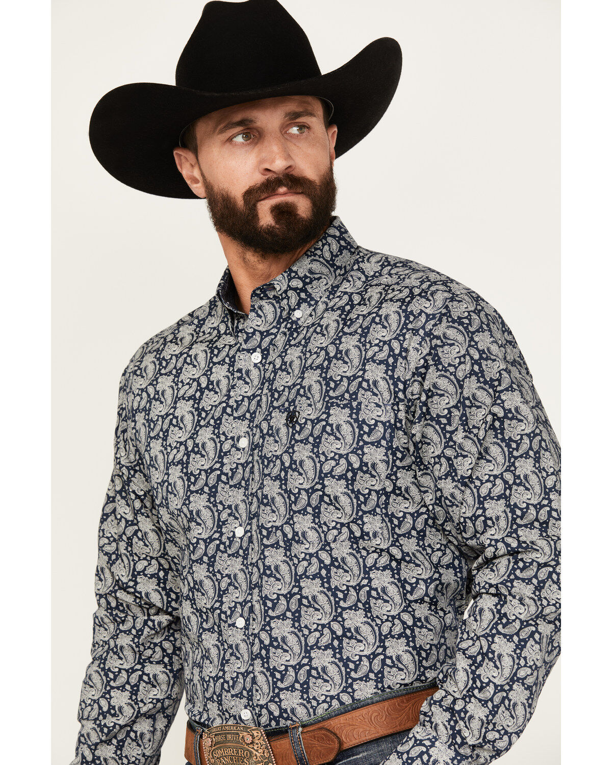 Image #2 - Ariat Men's Kohen Paisley Print Long Sleeve Button-Down Western Shirt, Navy, hi-res