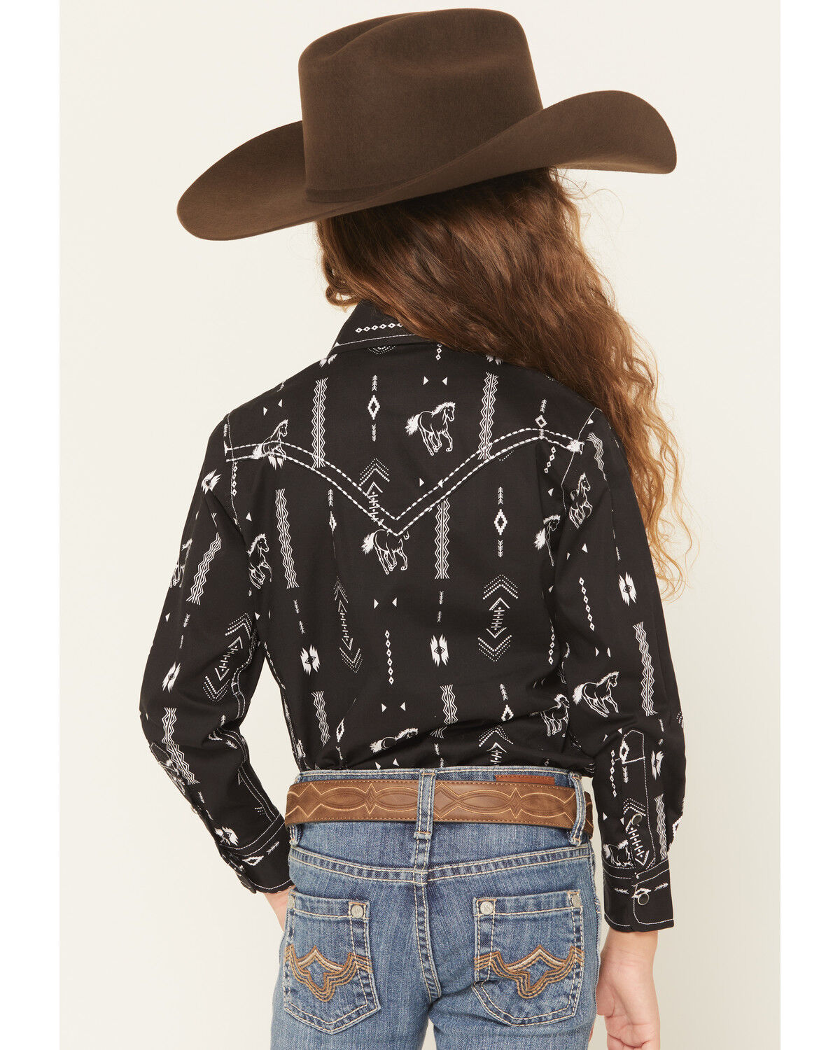 Image #4 - Cowgirl Hardware Girls' Horse Southwest Long Sleeve Snap Stretch Western Shirt, Black, hi-res