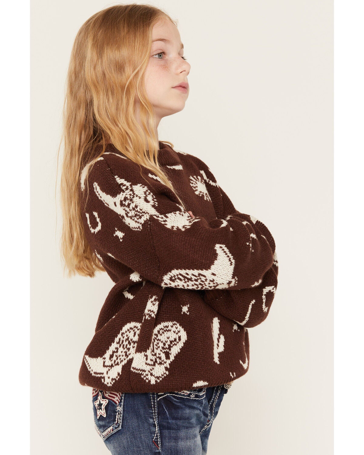 Image #2 - Rock & Roll Denim Girls' Western Print Sweater, Chocolate, hi-res