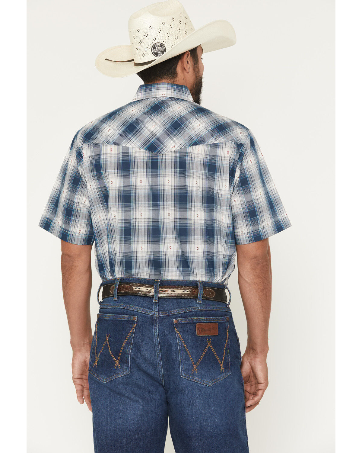Image #4 - Ely Walker Men's Plaid Print Short Sleeve Pearl Snap Western Shirt, Navy, hi-res