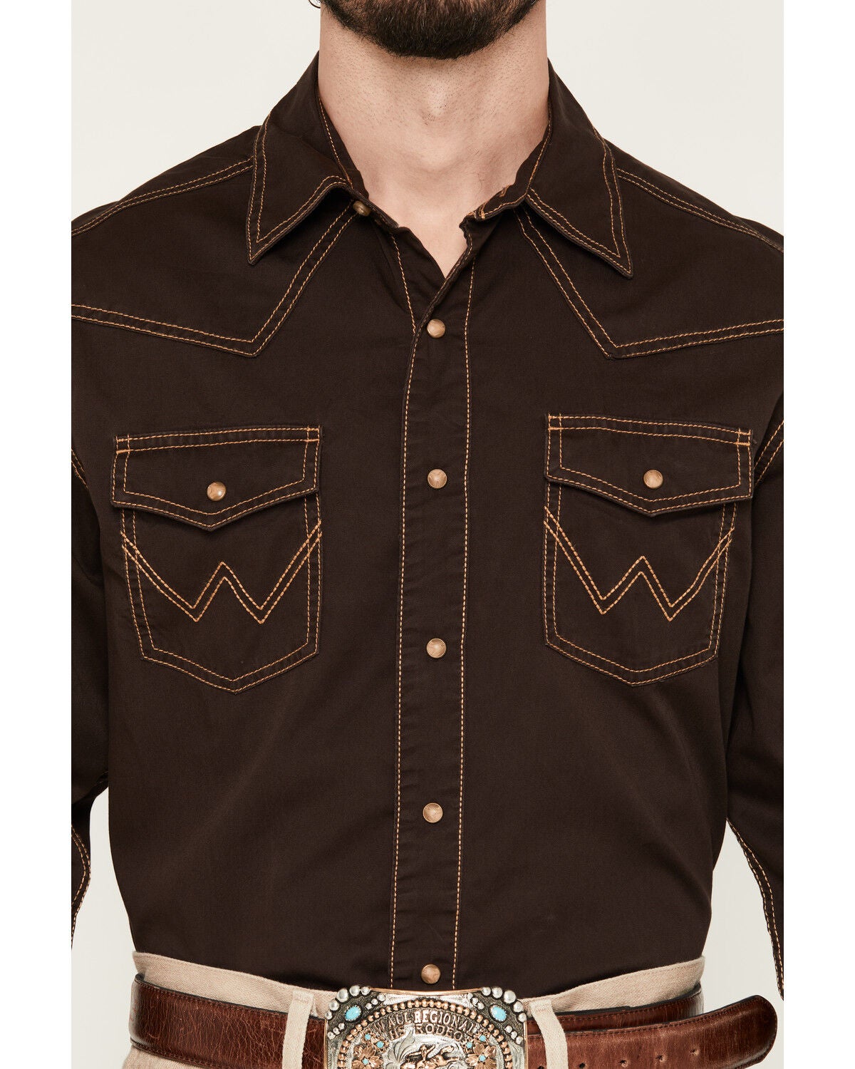 Image #3 - Wrangler Retro Men's Solid Long Sleeve Snap Western Shirt, Brown, hi-res