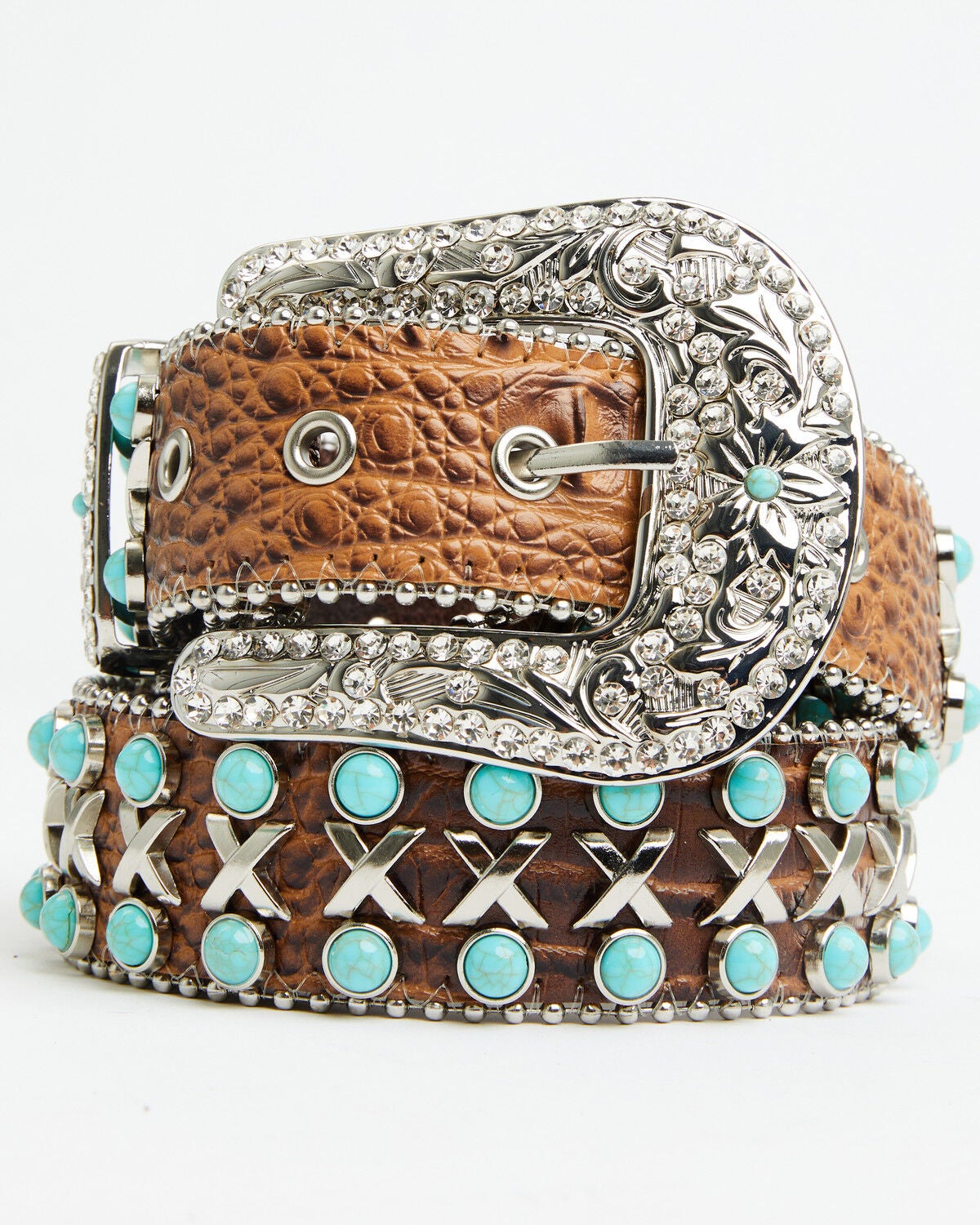 Shyanne Women's Embellished Croc Print Studded Leather Belt, Brown, hi-res