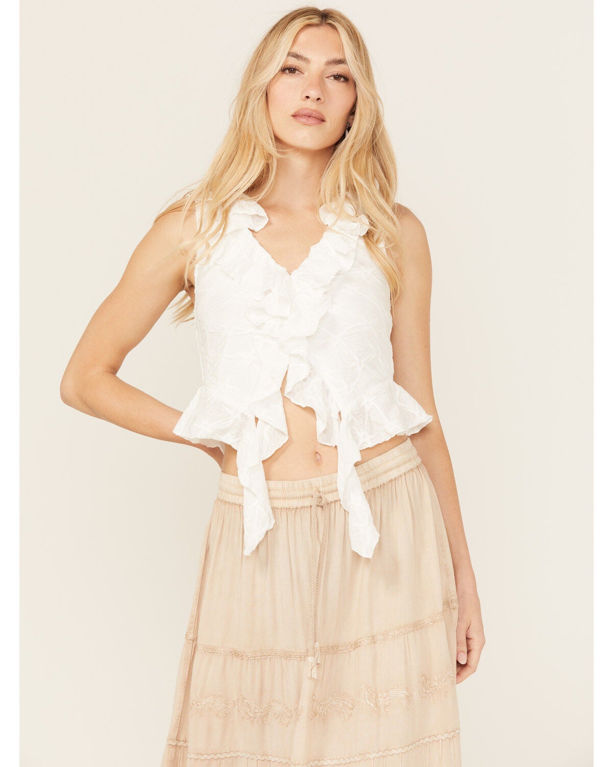 Miss Me Women's Textured Ruffle Tank Top, White, hi-res