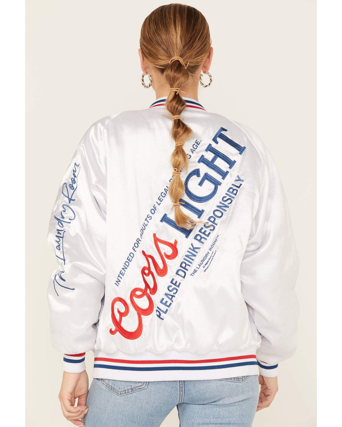 Image #4 - The Laundry Room Women's Faux Satin Coors Light Bomber Jacket, White, hi-res