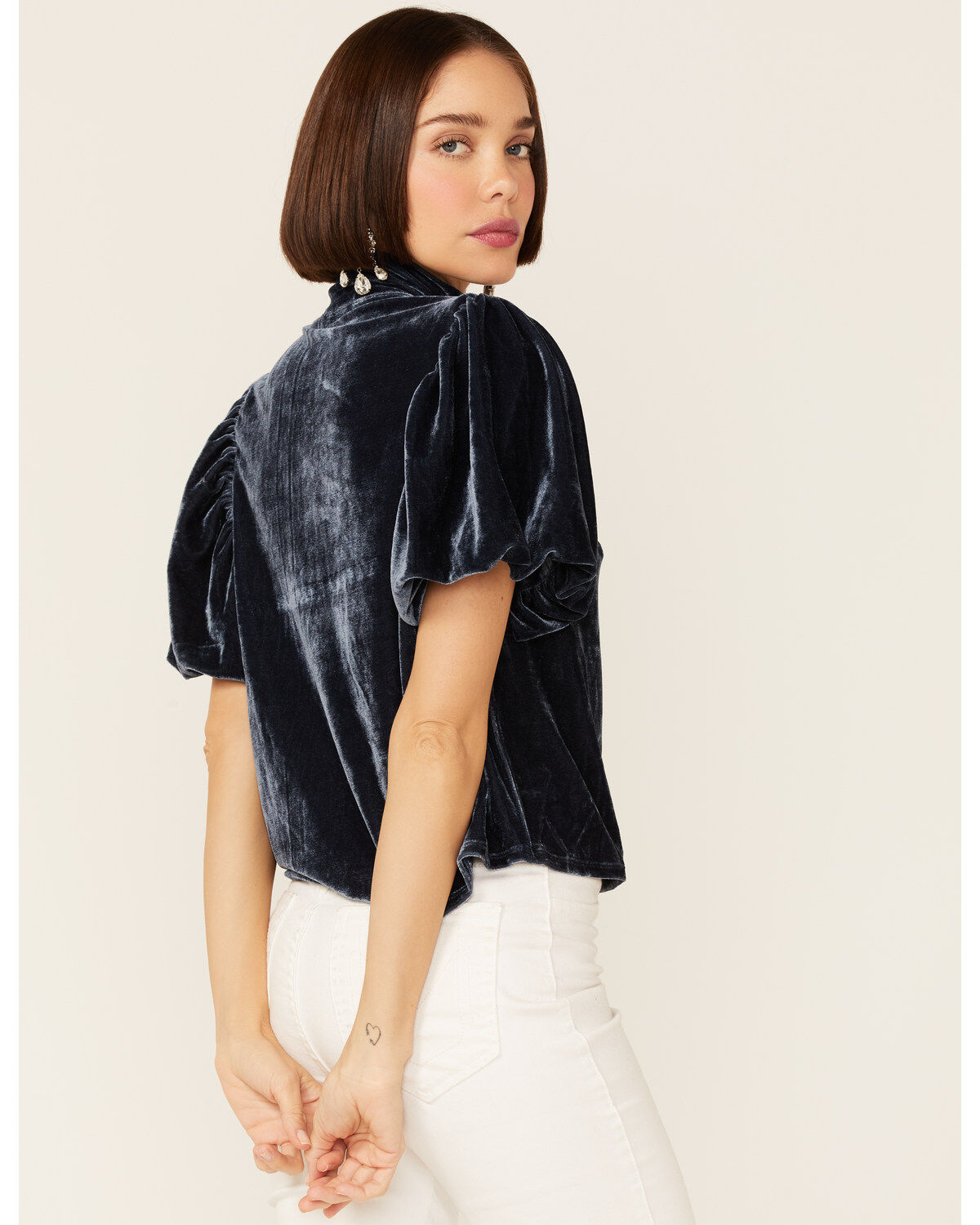 Image #3 - Free People Women's Velvet Knit Claudia Puff Short Sleeve Tee, Navy, hi-res