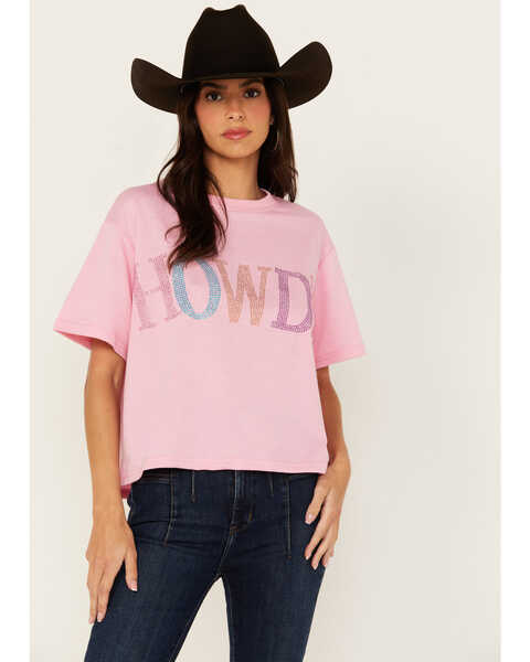 Mainstrip Women's Howdy Rhinestone Short Sleeve Cropped Graphic Tee, Pink, hi-res