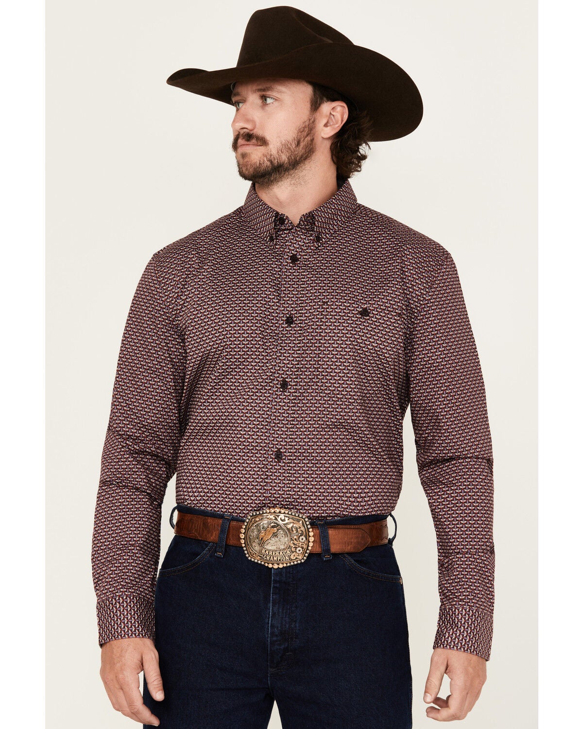 RANK 45&reg; Men's Tinson Geo Print Long Sleeve Button-Down Stretch Western Shirt, Burgundy, hi-res