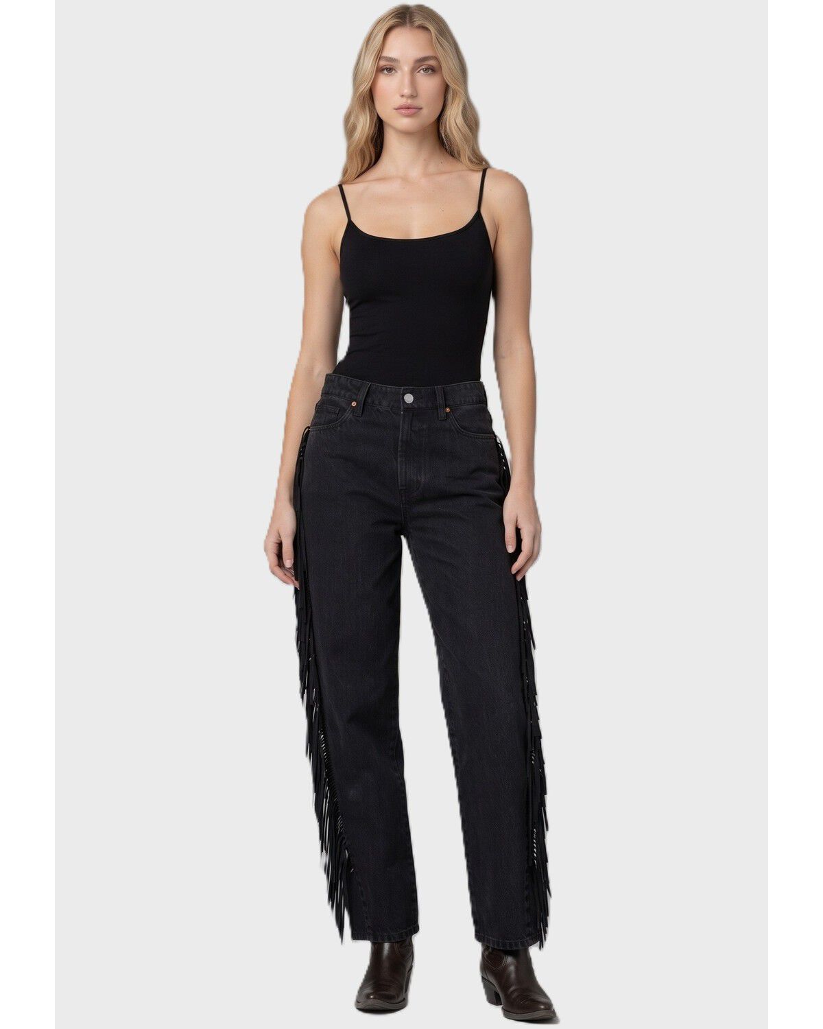 Image #1 - BLANKNYC Women's Mid Rise Fringe Straight Denim Jeans, Black, hi-res