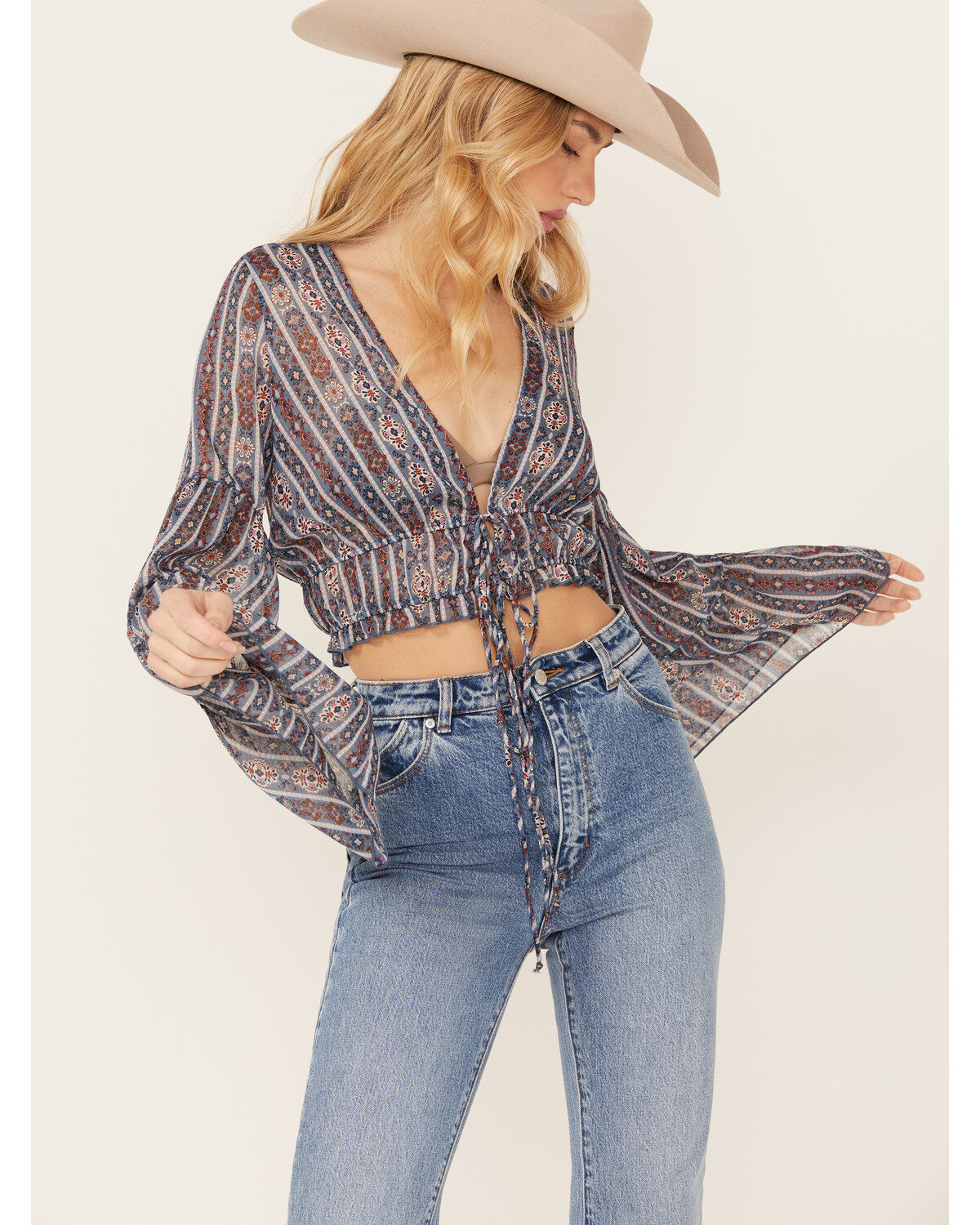 Image #2 - Wild Moss Women's Printed Tie Front Bell Sleeve Cropped Kimono, Brown, hi-res