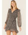 Mittoshop Women's Ditsy Long Sleeve Chiffon Ruffle Wrap Mini Dress, Black, hi-res