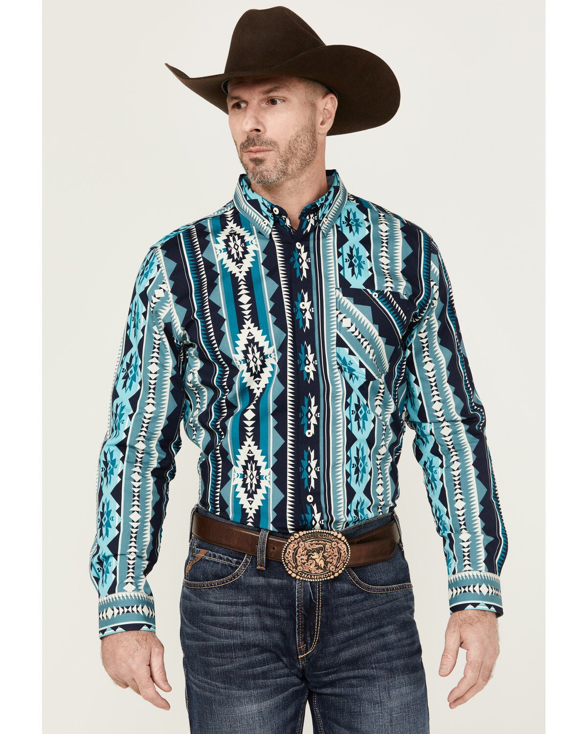 RANK 45&reg; Men's Dakar Exploded Southwestern Print Long Sleeve Performance Stretch Western Shirt, Teal, hi-res