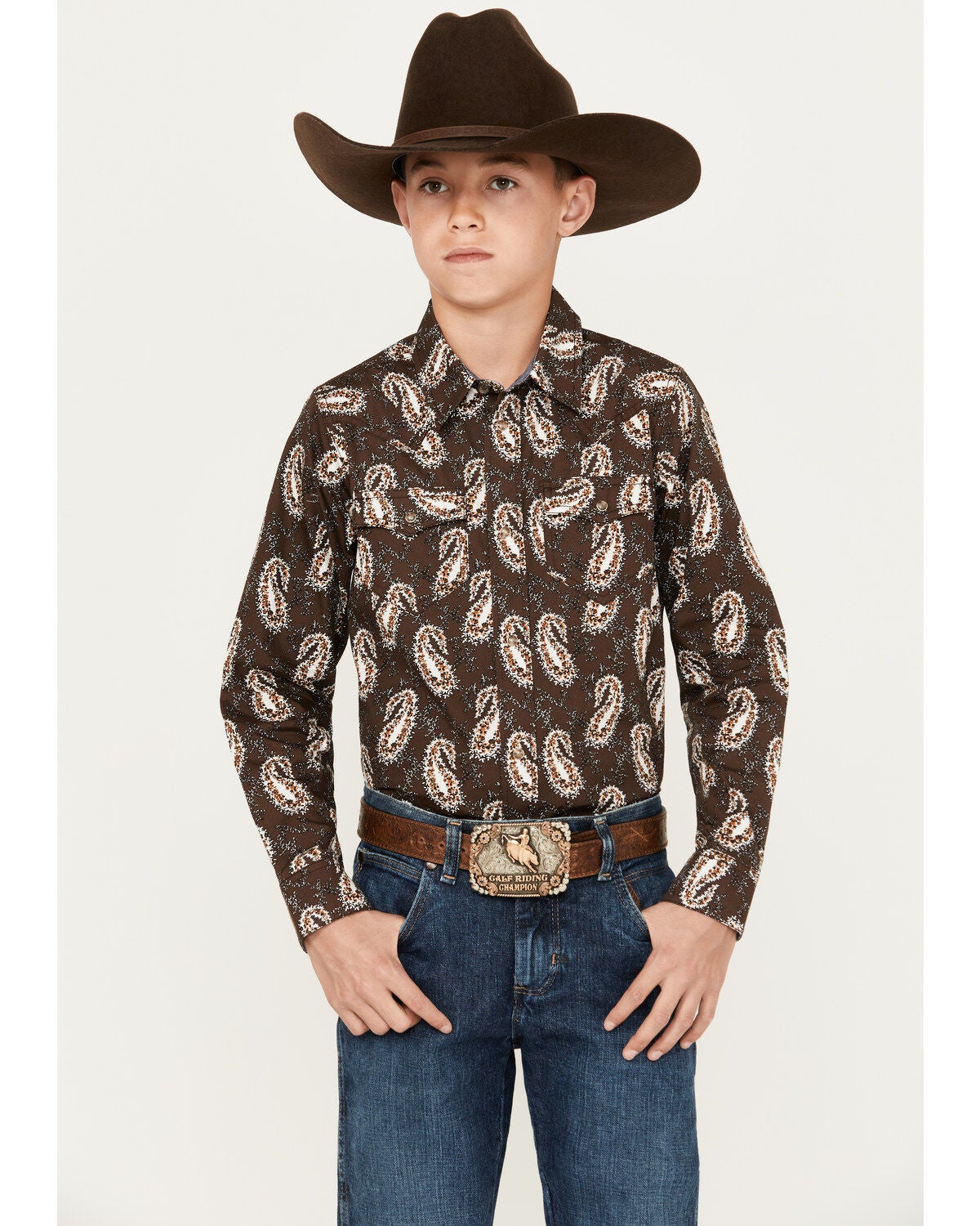 Cody James Boys' Flea Market Paisley Print Long Sleeve Snap Western Shirt, Brown, hi-res