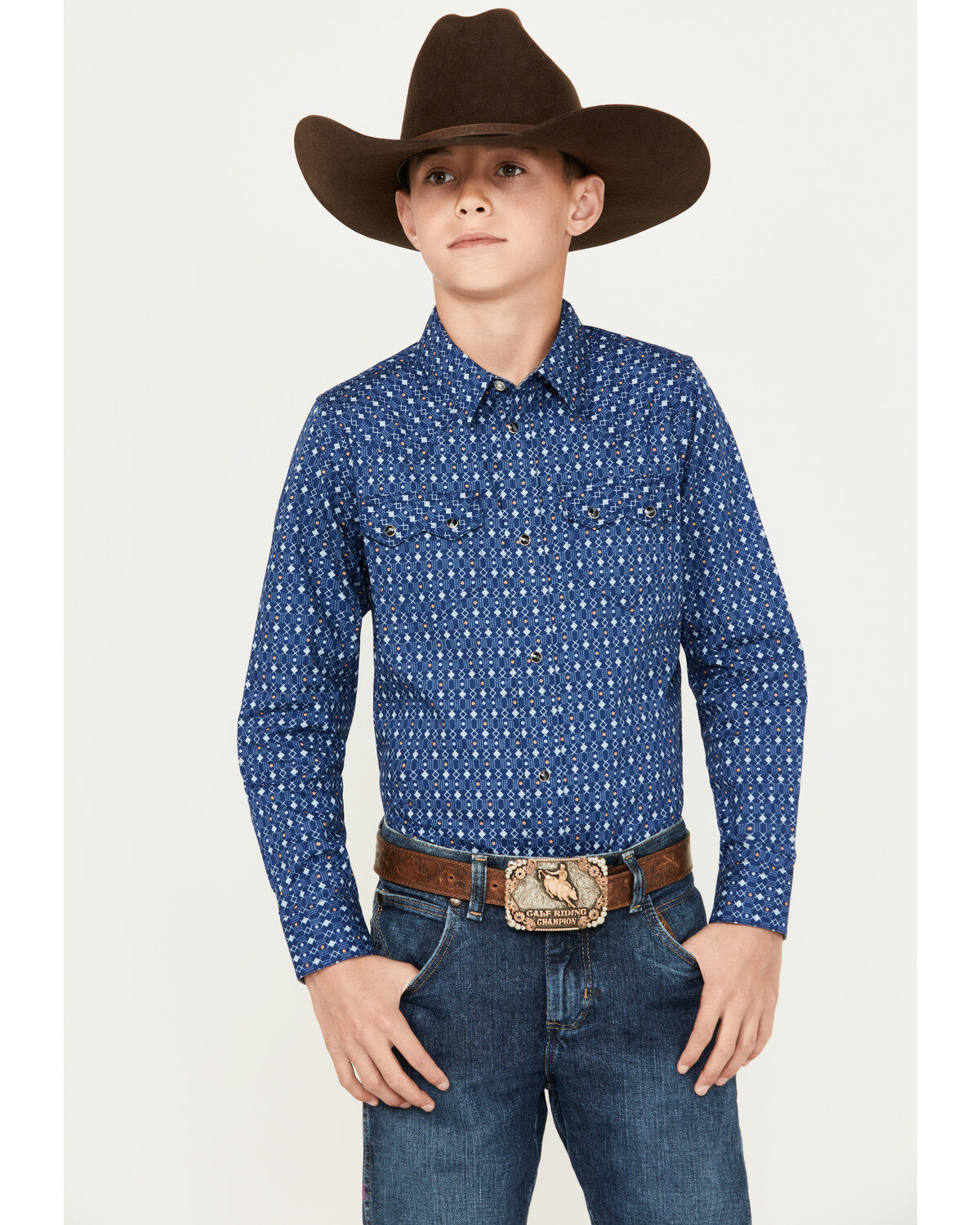 Image #1 - Cody James Boys' El Paso Geo Print Long Sleeve Snap Western Shirt, Navy, hi-res