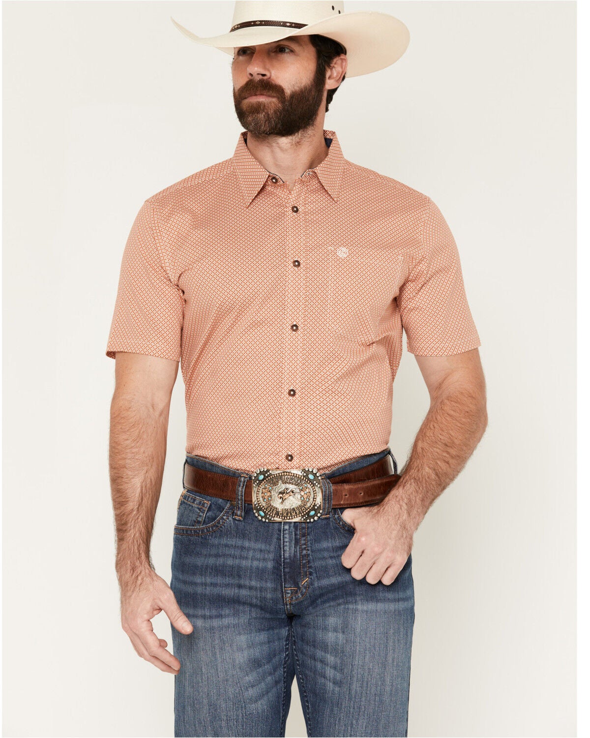 Image #3 - Cody James Men's Grill And Greet Medallion Print Short Sleeve Stretch Western Shirt - Big, Red, hi-res