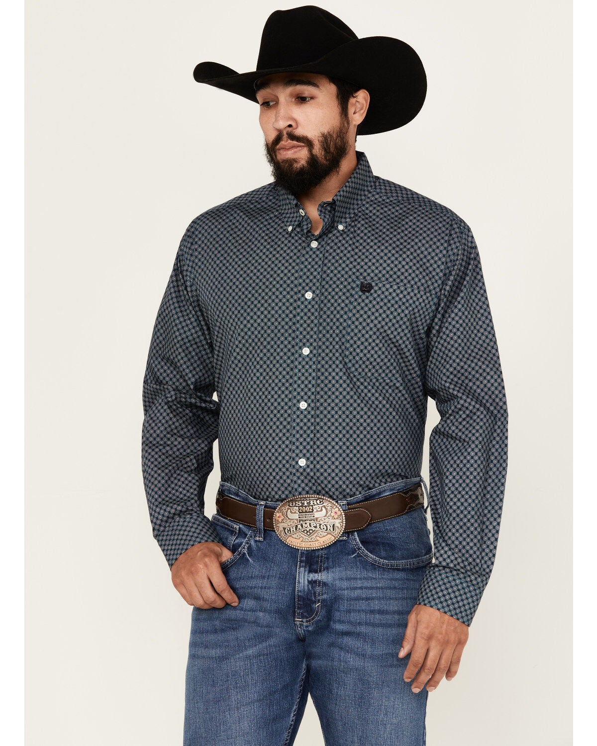 Cinch Men's Medallion Print Long Sleeve Button-Down Western Shirt, Teal, hi-res