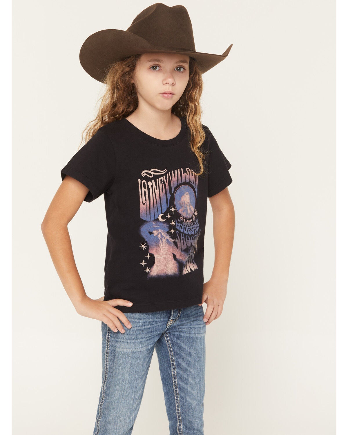Wrangler X Lainey Wilson Girls' Shooting For The Moon Short Sleeve Graphic Tee, Black, hi-res