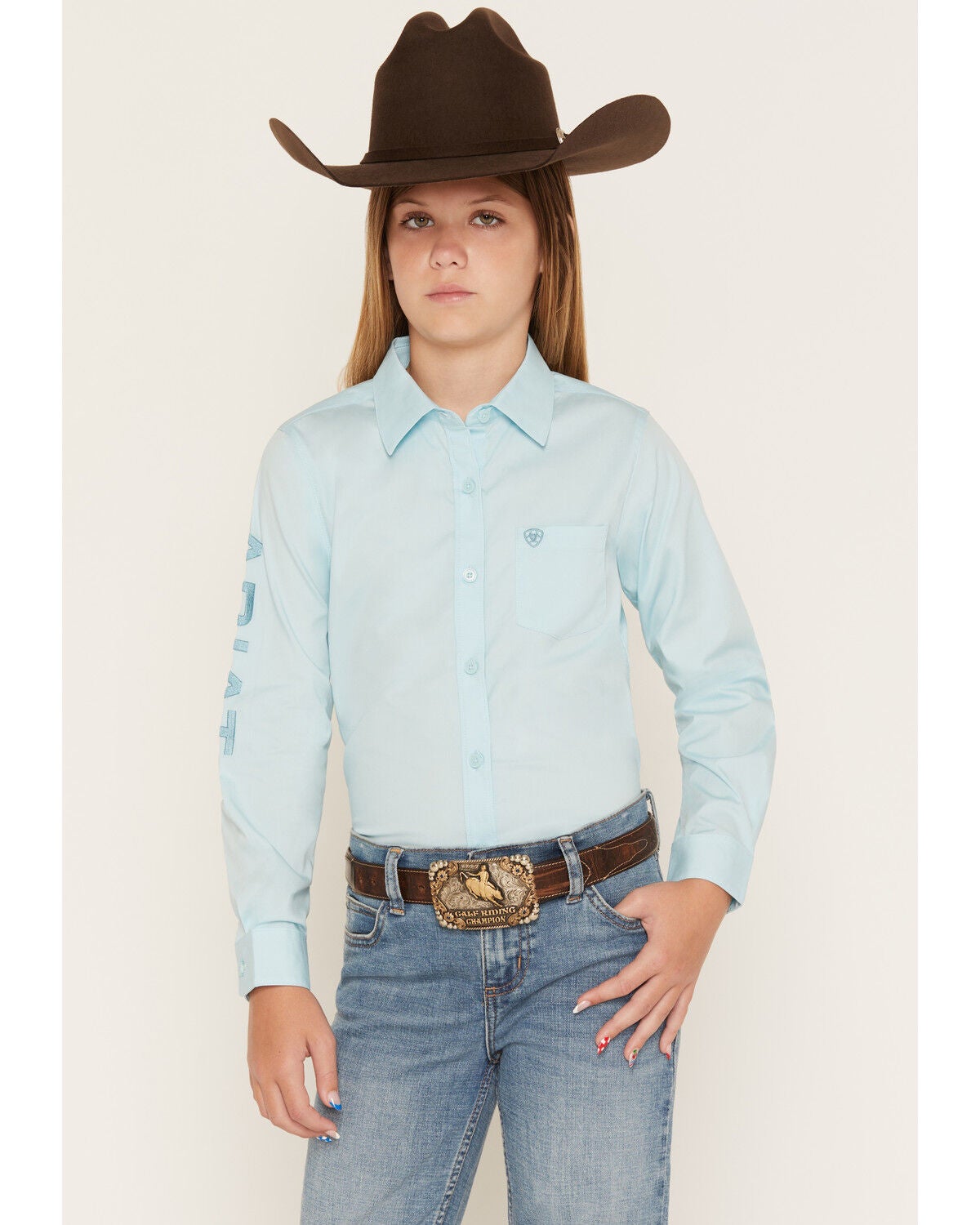Image #1 - Ariat Girls' Team Kirby Logo Long Sleeve Button-Down Stretch Western Shirt, Blue, hi-res